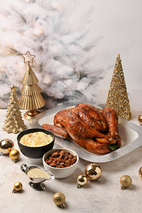 Pavo al horno con gravy, puré de papa rustico y relleno de pavo