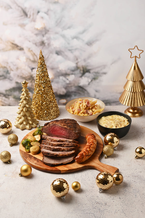 Picaña y salchicha al horno, verduras rostizadas, pasta 4 quesos y puré de papa rústico